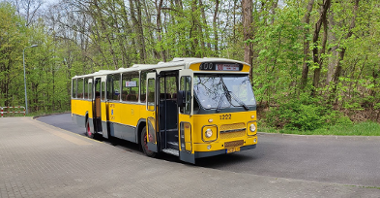 Żółty autobus DAF wożący ludzi na trasie linii turystycznej nr 100